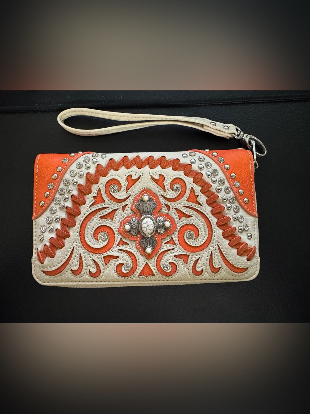 Montana West Orange and Cream Embossed Wristlet Clutch with Concho Accent
